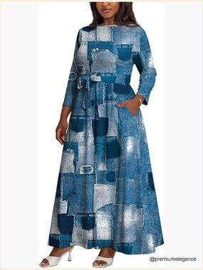 Plus Size Maxi Dress with Belt Crew Neck 3/4 Sleeve A-Line Flowy